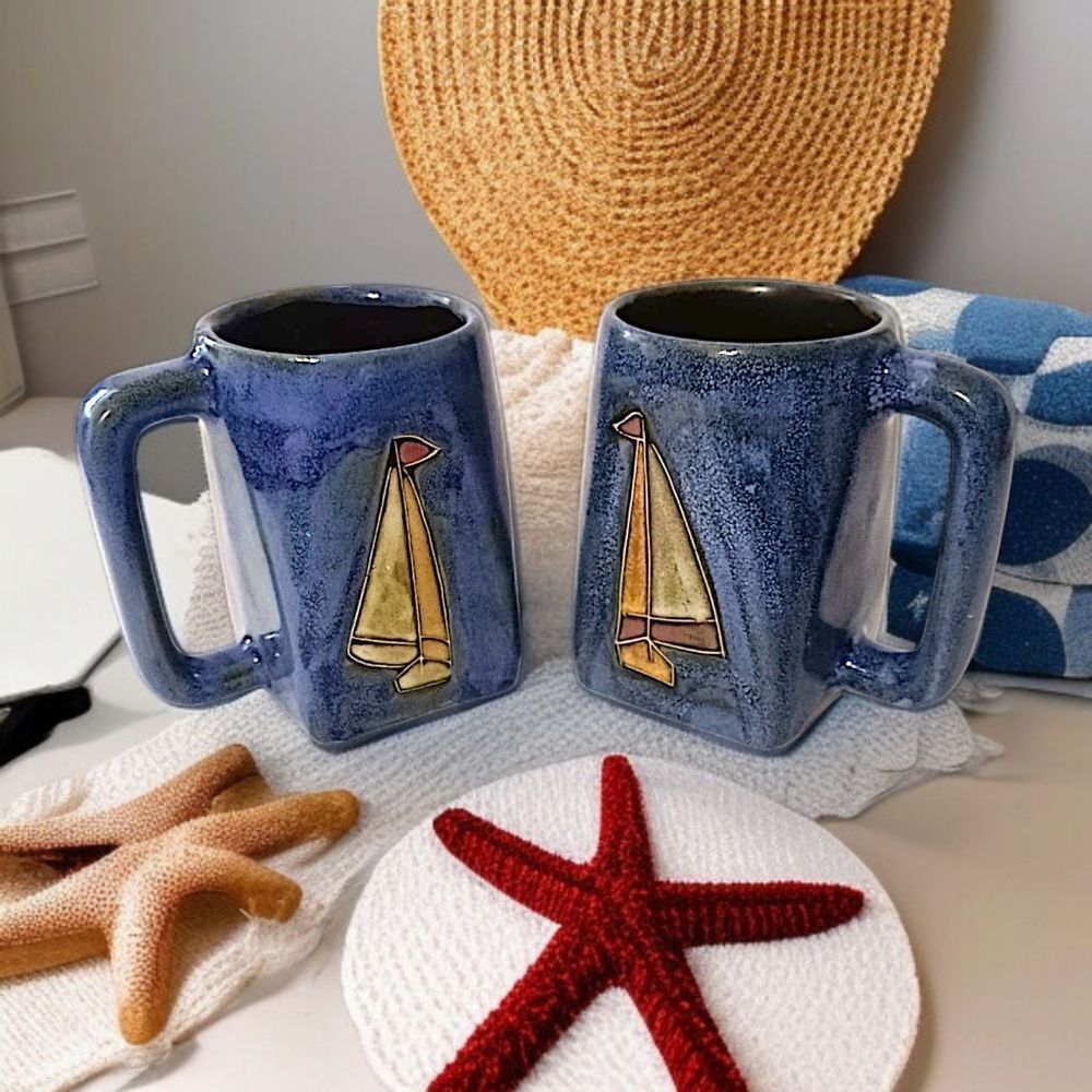 2 Mara Mexico Sailboat Mugs Cups Handmade‎ Pottery Coastal Beach House Nautical